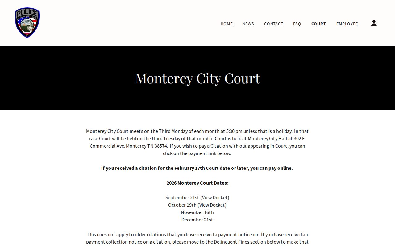 Monterey warrant records court schedule and City Hall location