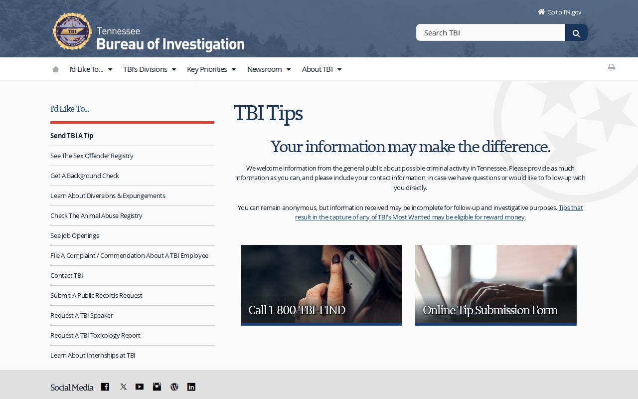 Putnam County most wanted reference to Tennessee's separate TBI tip program
